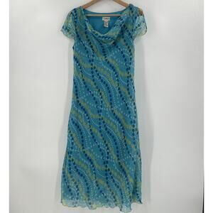 Vintage Y2K Ombre Midi Dress Womens Size 12 Aqua Blue Lettuce Hem Semi Sheer